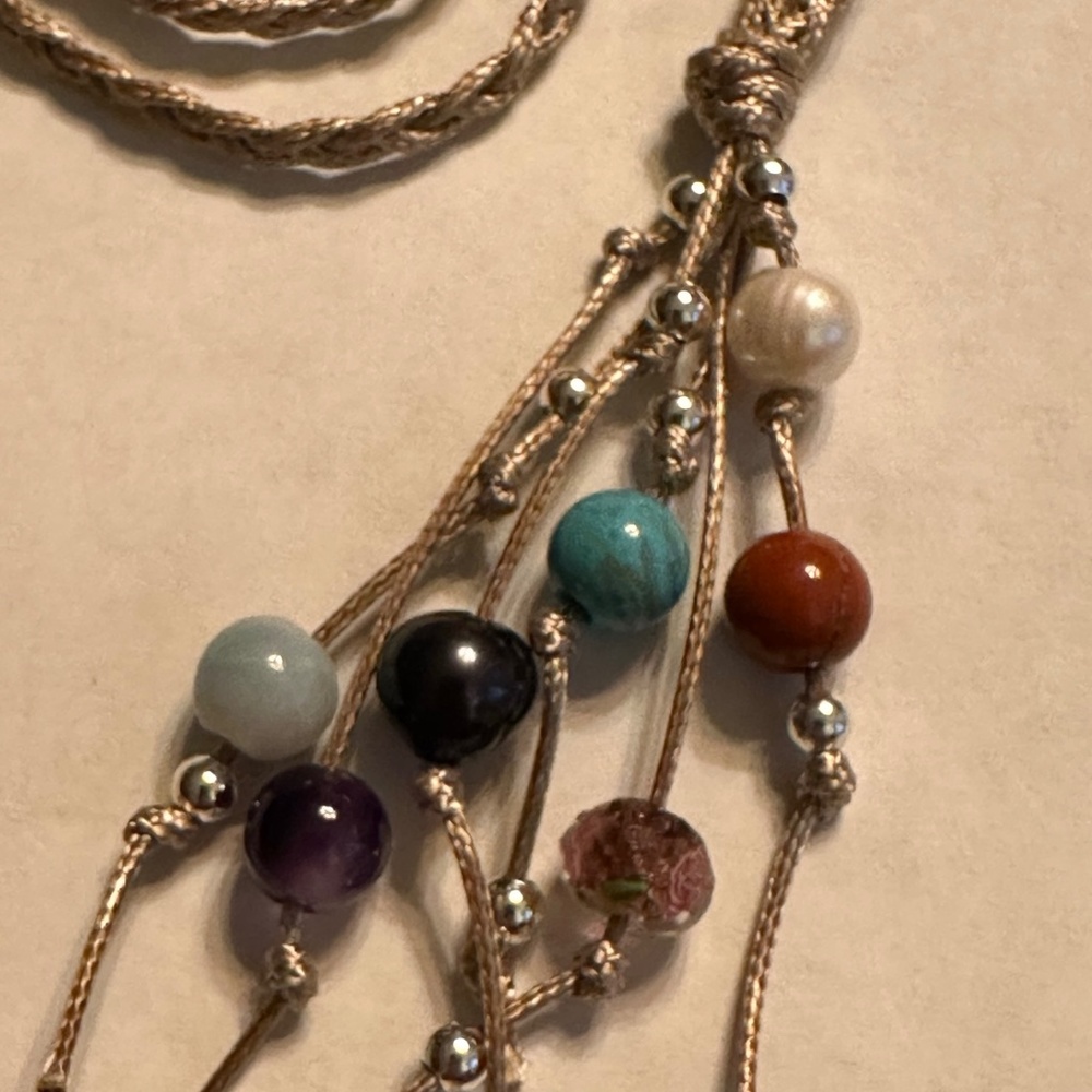 ARTISAN Gemstones and Pearls Braided Tan Cord Tassel Necklace 23 1/2” long - Picture 5 of 14